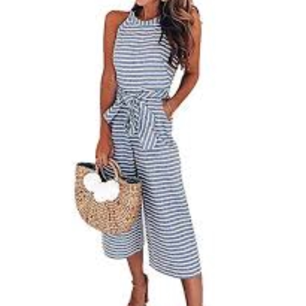 NWT - Striped Waist Belted Wide Leg Jumpsuit